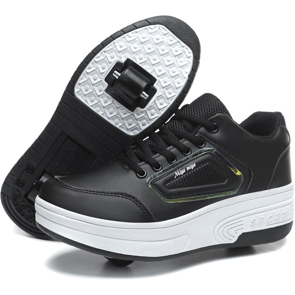 Kids Black Recharge Able Wheels Sneakers Fashion Roller Wheeled Skate Shoes